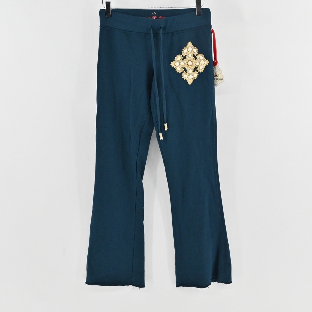 Vintage Y2k Twisted Heart Track Pants Womens Size M Teal Blue Beaded Cross Flare
